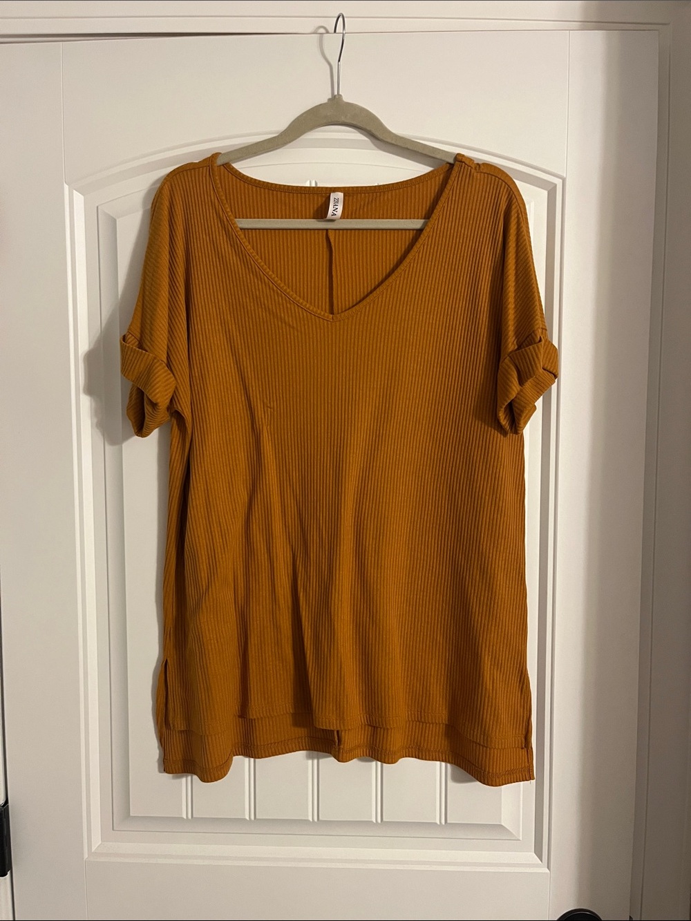 Zenana Outfitters Ribbed V-Neck Tee in Mustard Gold
